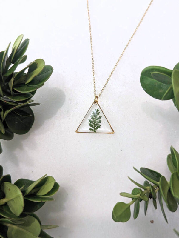 apex cedar necklace - a triangle window pendant with a real green cedar foliage inside