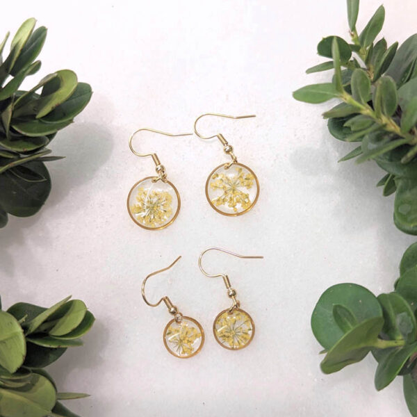 delicate dangle earrings with a circle pendant. Inside is a pressed queen annes lace flower in yellow color